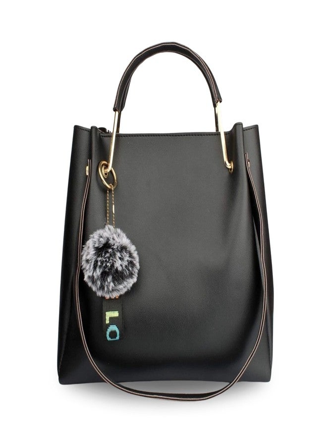 LIKE STYLE Stylish Shoulder Bag with Tassels, Women Top-Handle Handbag with Pompom, Purse for Women (Black) - Image 1